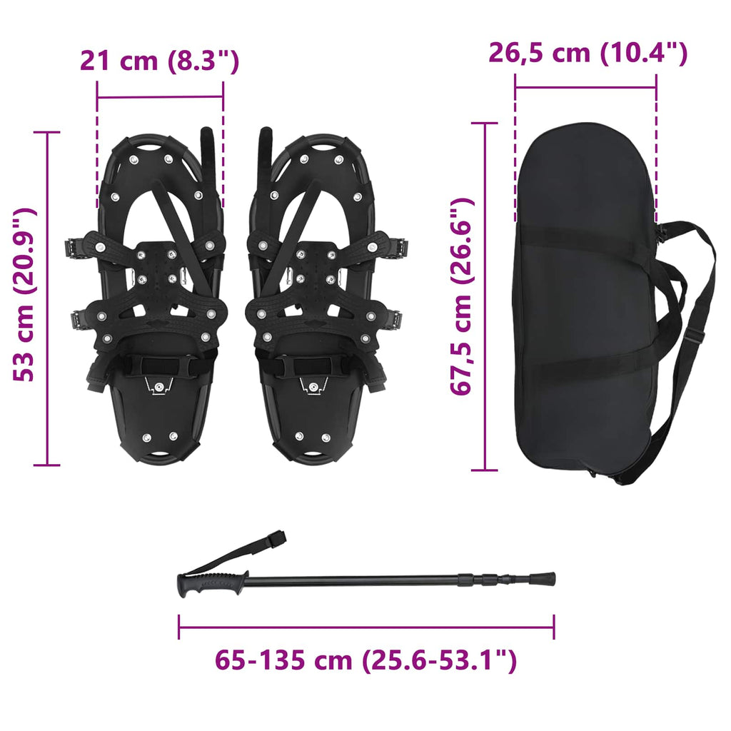 vidaXL Rakiety śnieżne 3 w 1 z kijami trekkingowymi Czarny 53 x 21 cm