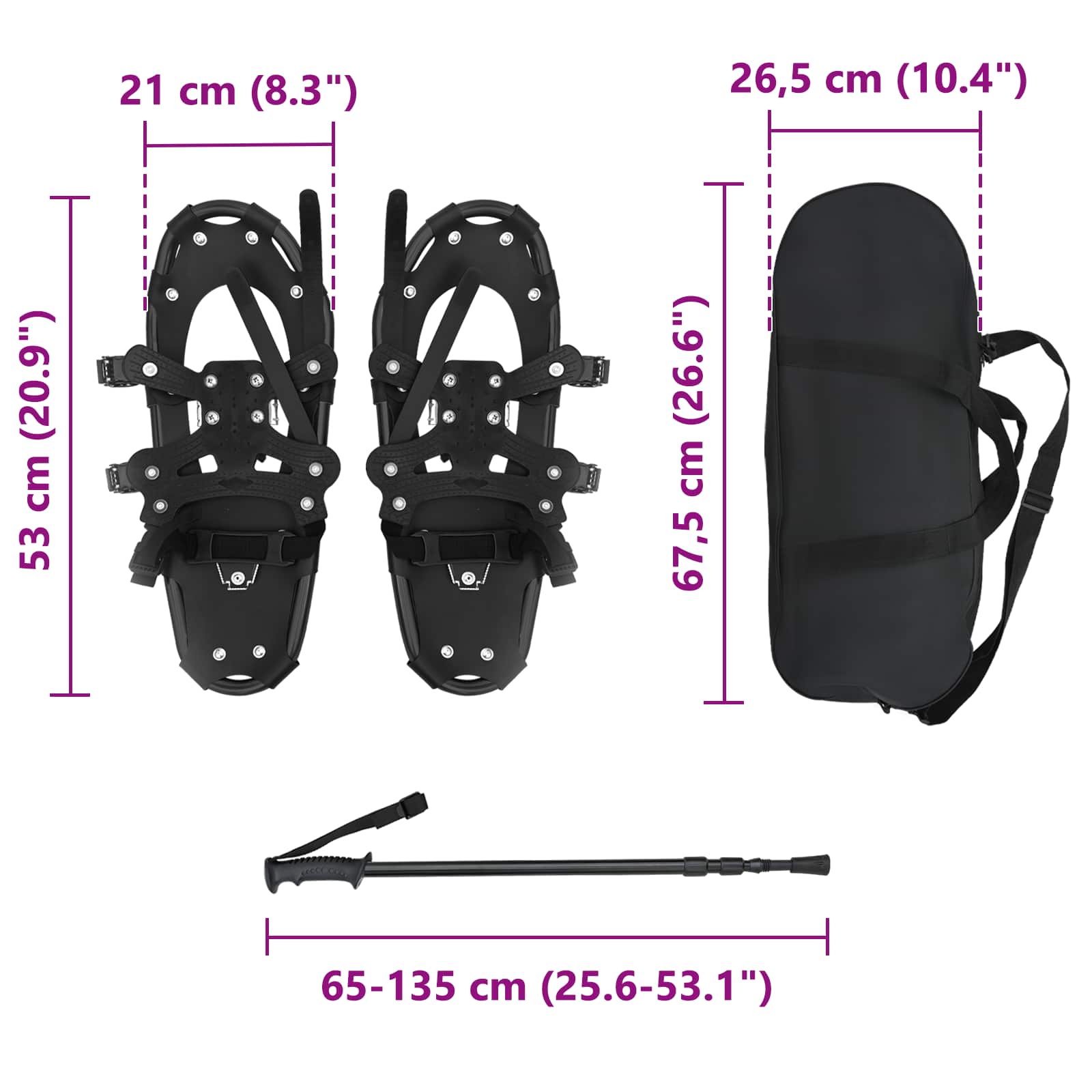 vidaXL Rakiety śnieżne 3 w 1 z kijami trekkingowymi Czarny 53 x 21 cm