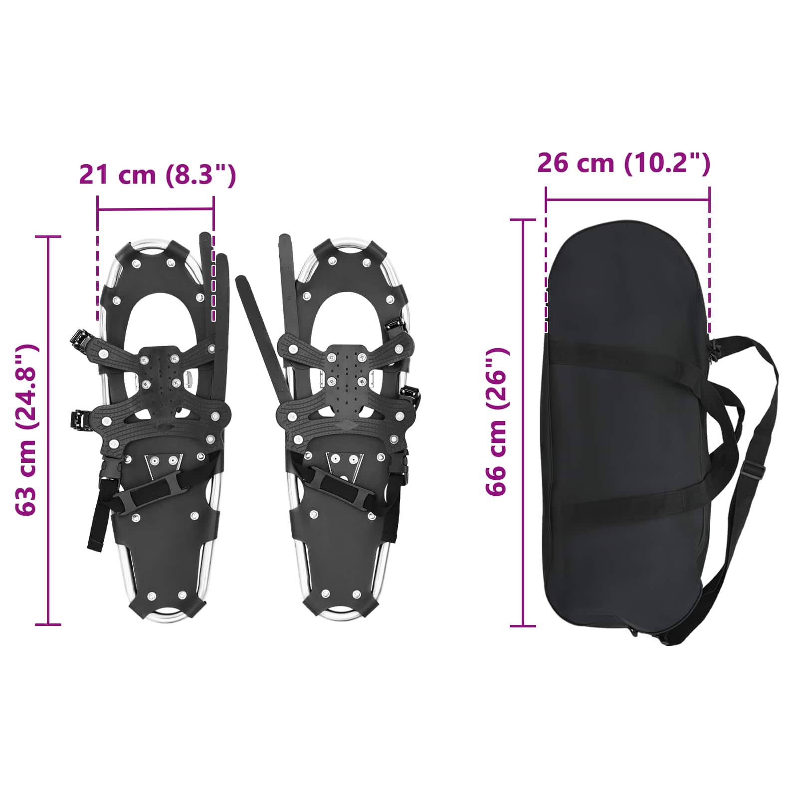 vidaXL 3 w 1 Rakiety śnieżne Srebrny i czarny 63 x 21 cm
