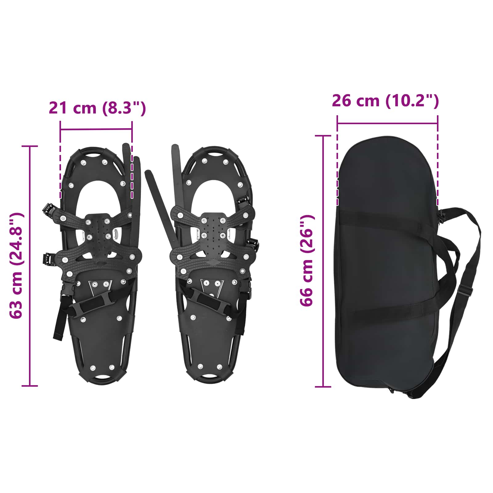 vidaXL 3 w 1 Rakiety śnieżne Czarny 63 x 21 cm Aluminium i HDPE