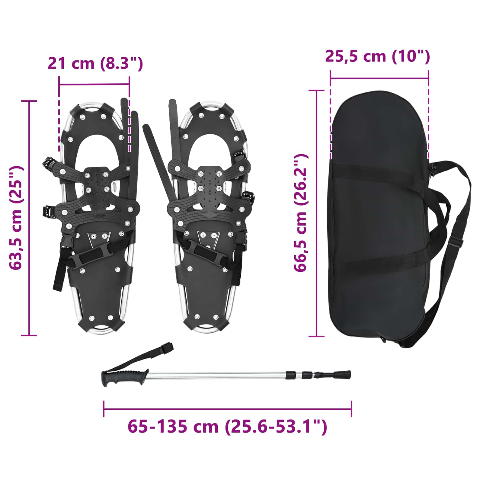 vidaXL Rakiety śnieżne 3 w 1 z kijami trekkingowymi Srebrny i czarny