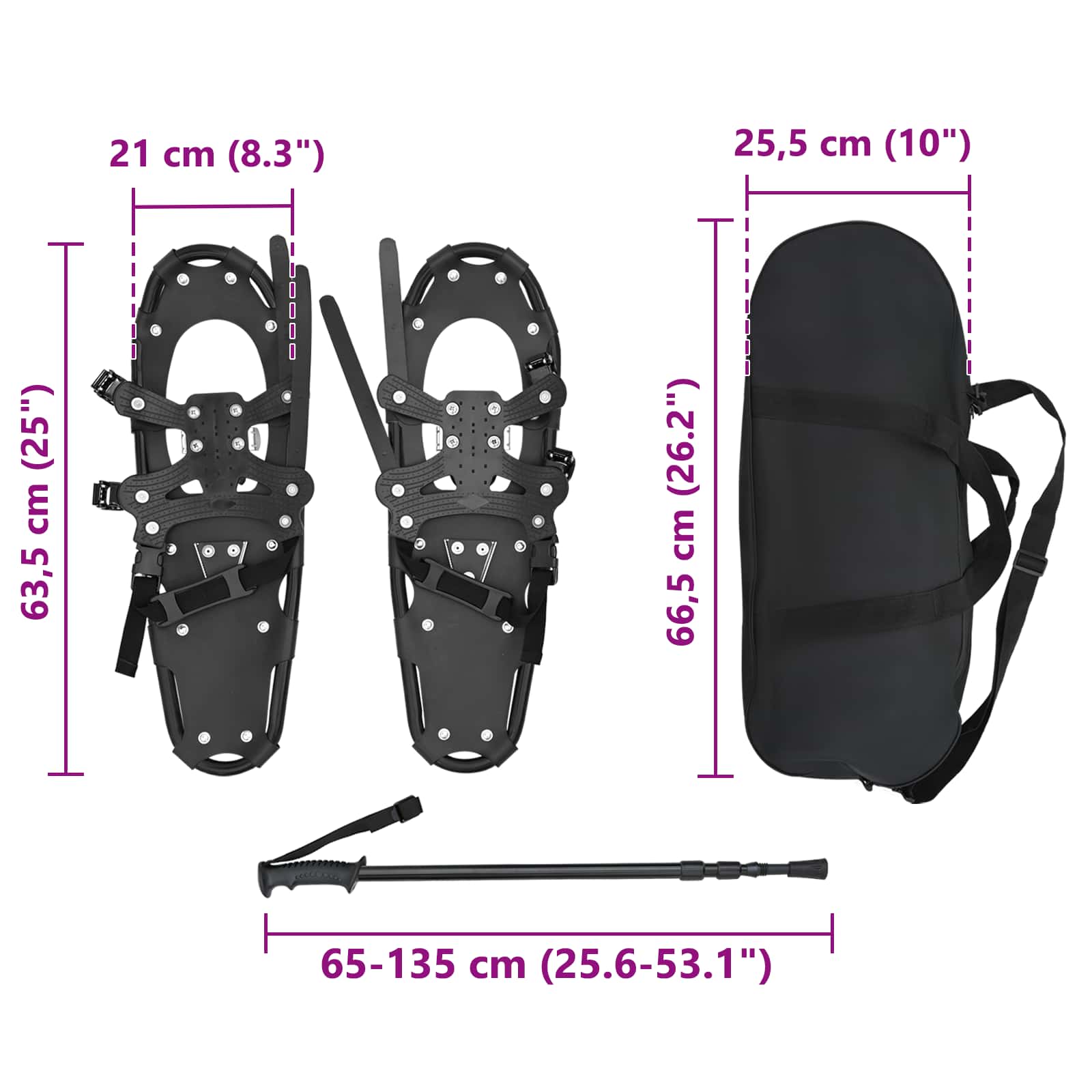 vidaXL Rakiety śnieżne 3 w 1 z kijami trekkingowymi Czarny