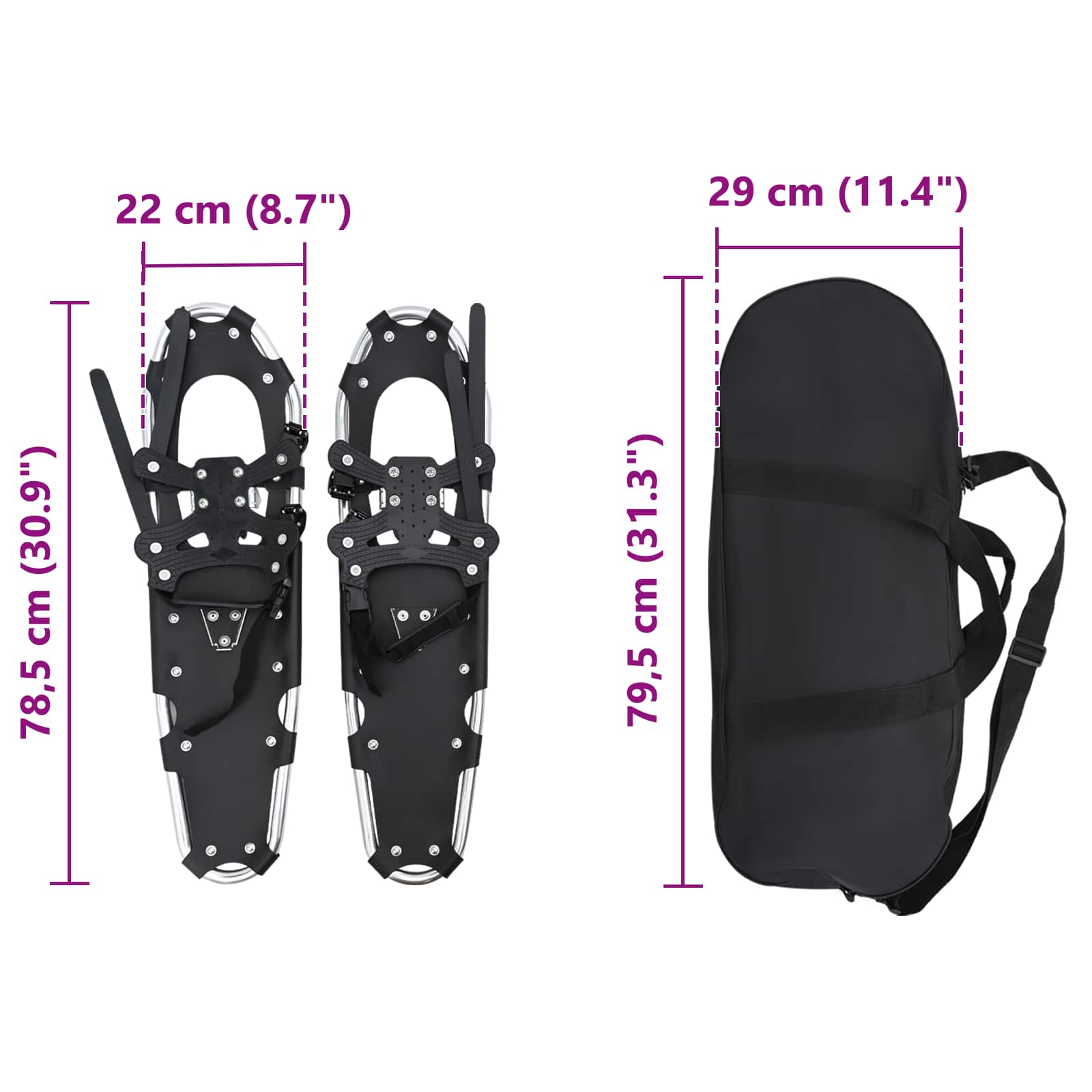 vidaXL 3 w 1 Rakiety śnieżne Srebrny i czarny 78,5 x 22 cm