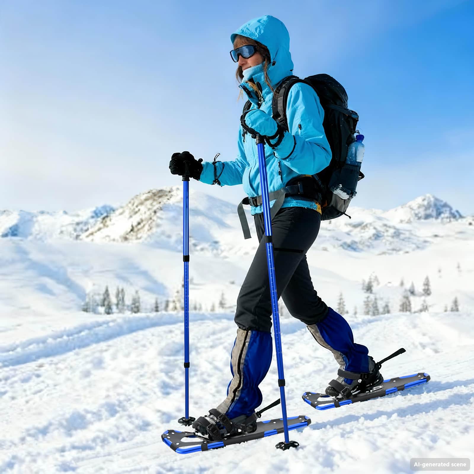vidaXL Rakiety śnieżne 3 w 1 z kijami trekkingowymi Niebieski i Czarny