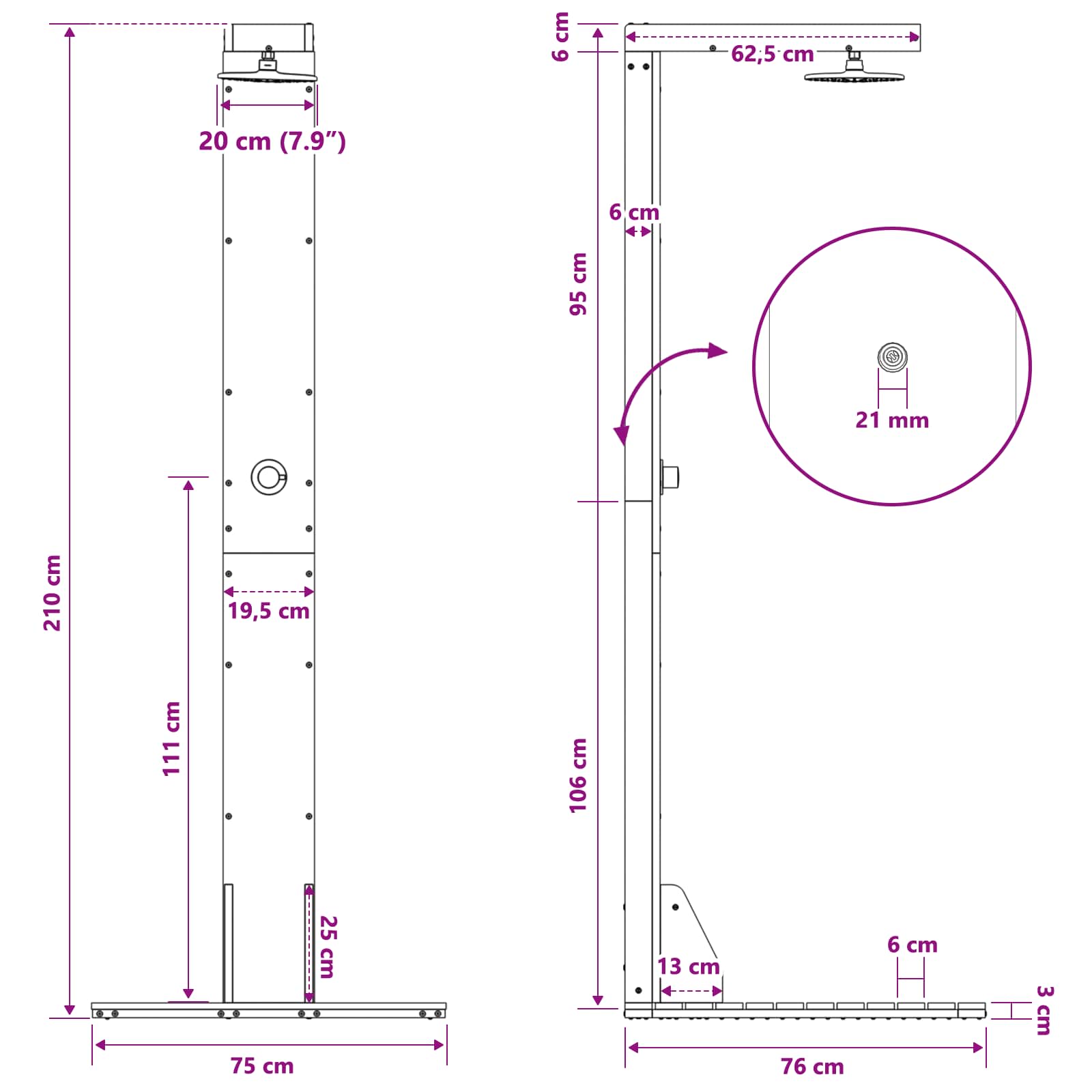 vidaXL Prysznic na zewnątrz 210 cm Biały