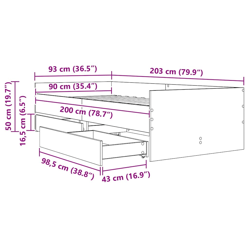 vidaXL Ramka łóżka Dąb rzemieślniczy 90 x 200 cm Lite drewno sosnowe