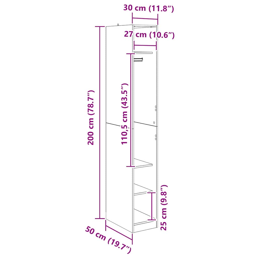 vidaXL Garderoba Czarny Dąb 50 x 30 x 200 cm Materiał drewnopochodny
