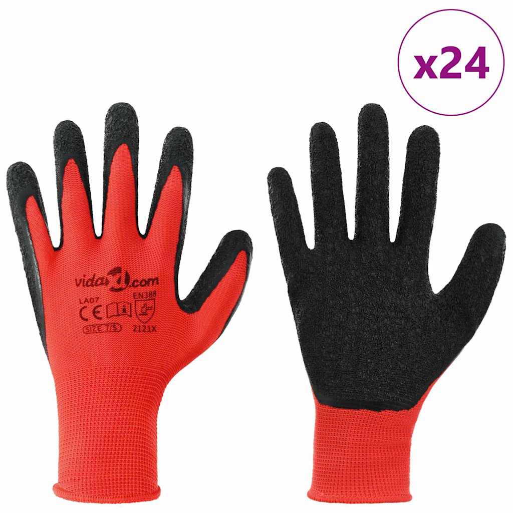 vidaXL Rękawice Robocze 24 pcs Czerwony i Czarny 7 / S Powłoka lateksowa