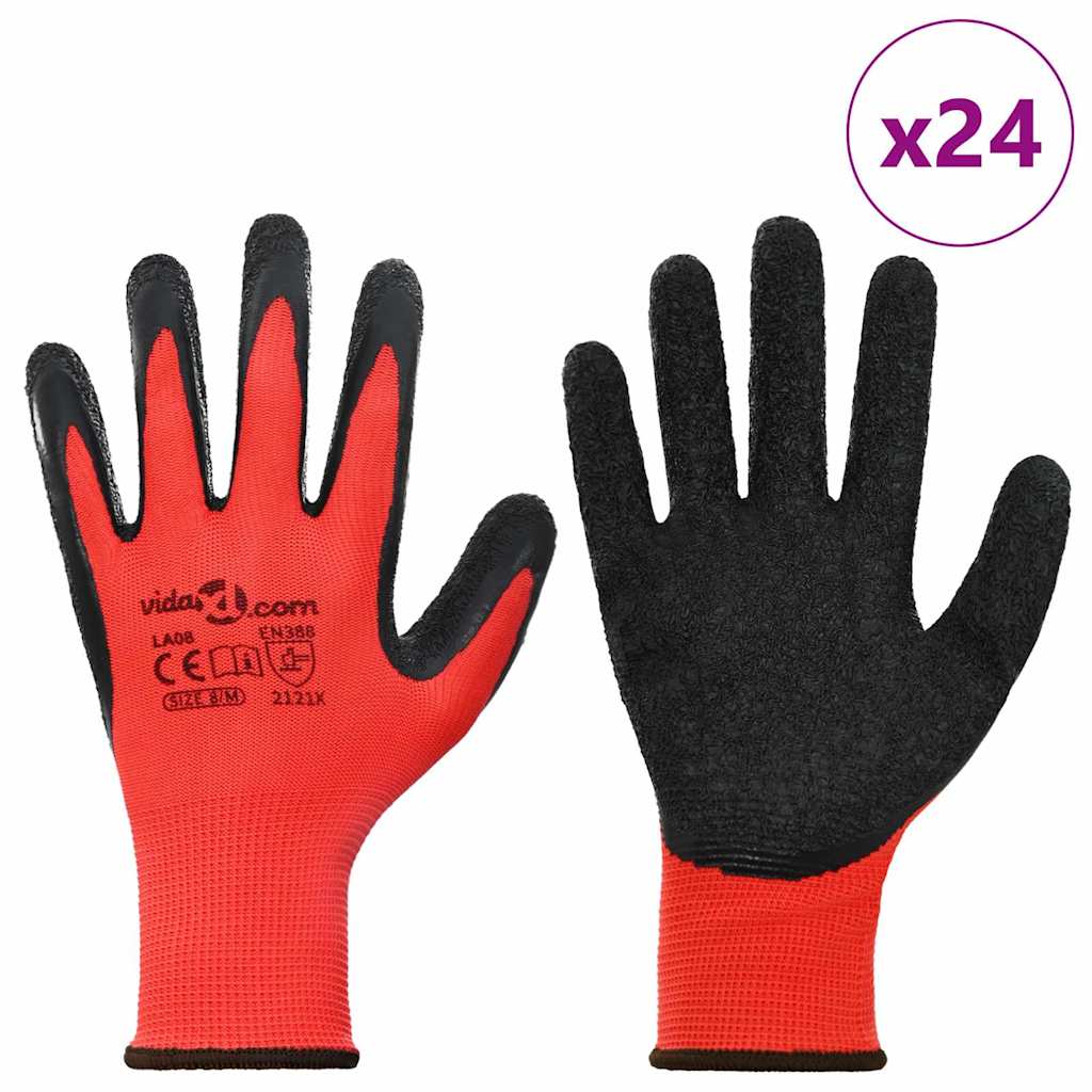 vidaXL Rękawice Robocze 24 pcs Czerwony i Czarny 8 / m Powłoka lateksowa