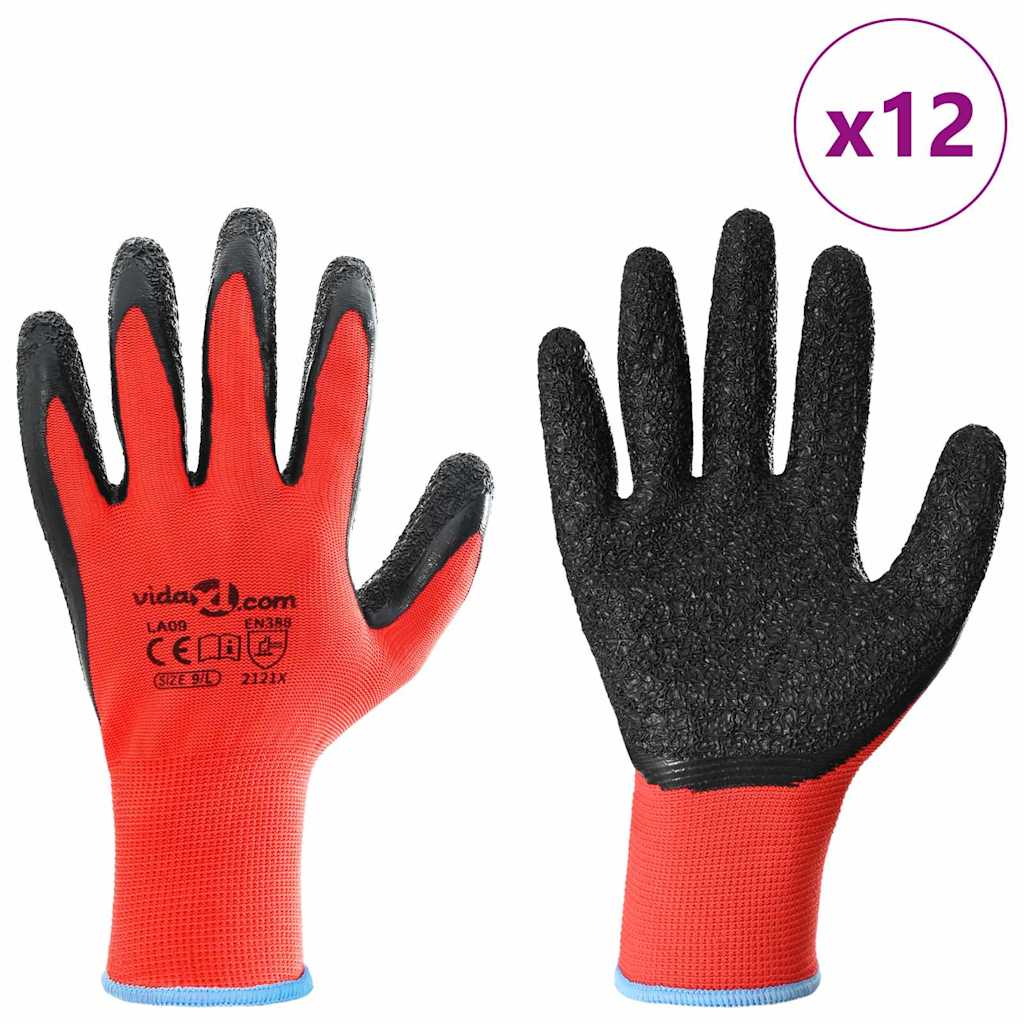 vidaXL Rękawice Robocze 12 pcs Czerwony i Czarny 9 / l Powłoka lateksowa