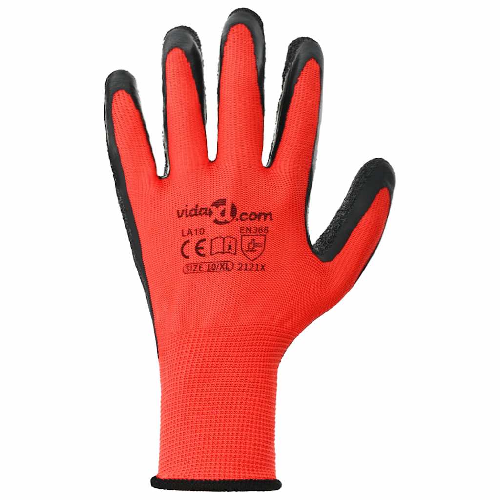 vidaXL Rękawice Robocze 12 pcs Czerwony i Czarny 10 / xl
