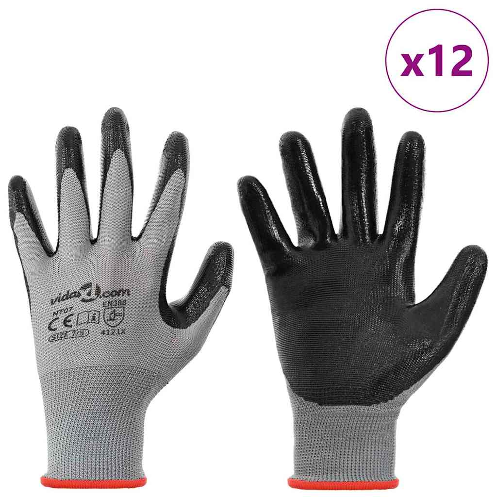 vidaXL Rękawice Robocze 12 pcs Szary i czarny 7 / S Poliester