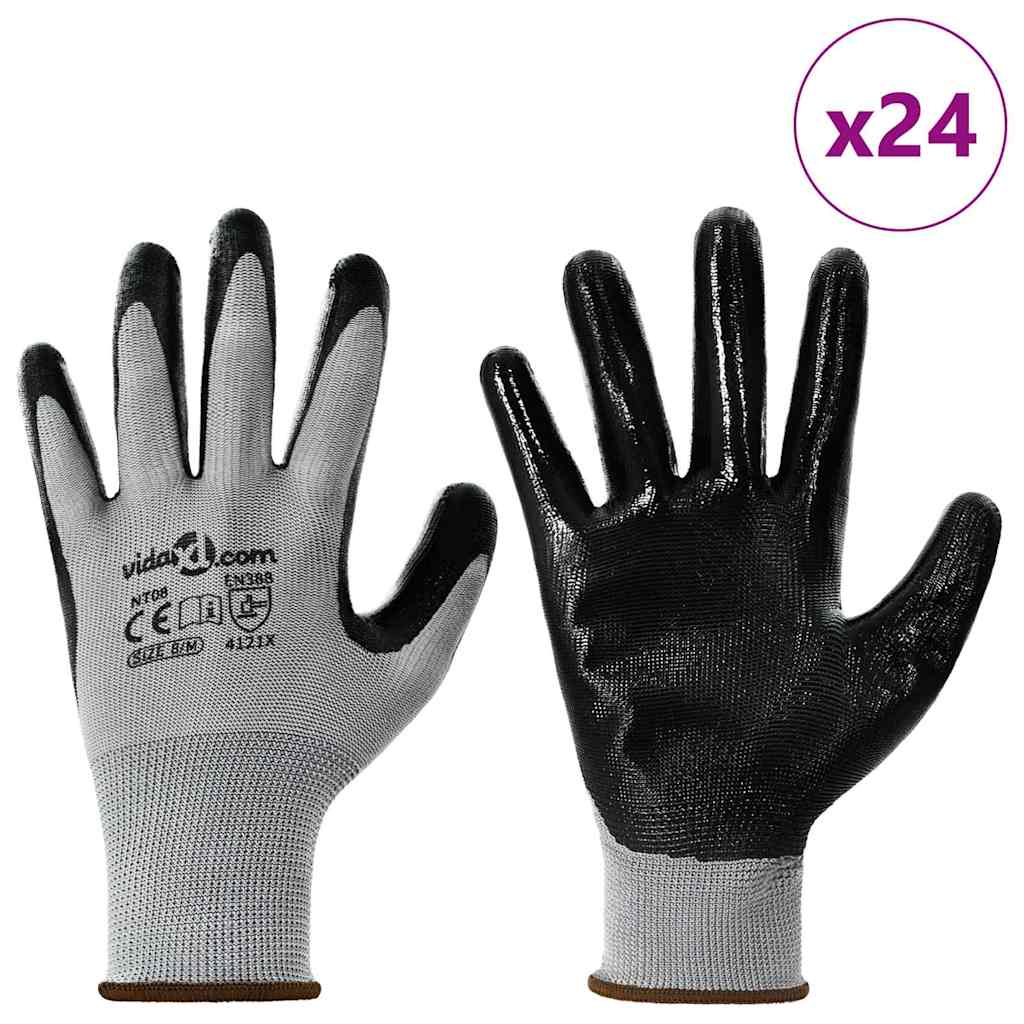 vidaXL Rękawice Robocze 24 pcs Szary i czarny 8 / m Poliester