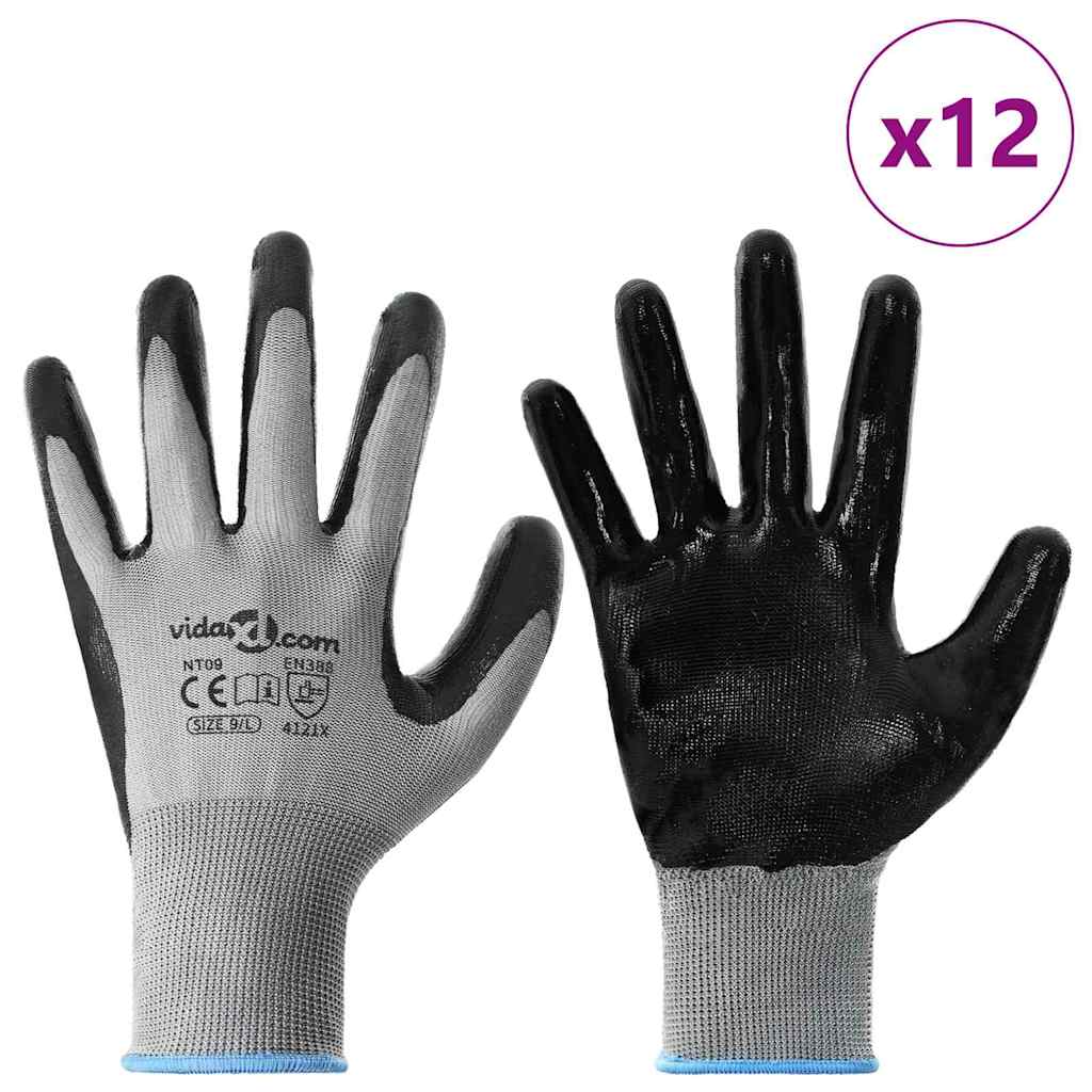 vidaXL Rękawice Robocze 12 pcs Szary i czarny 9 / l Poliester