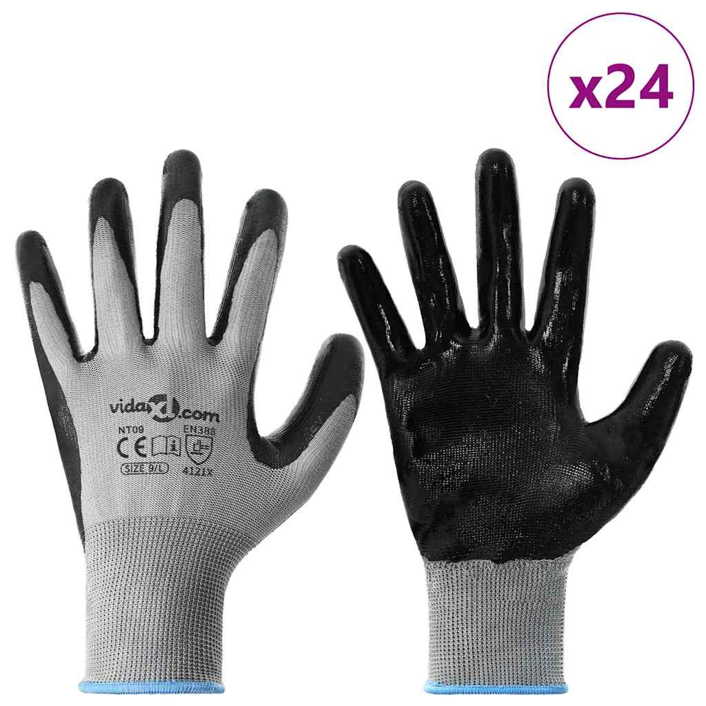 vidaXL Rękawice Robocze 24 pcs Szary i czarny 9 / l Poliester