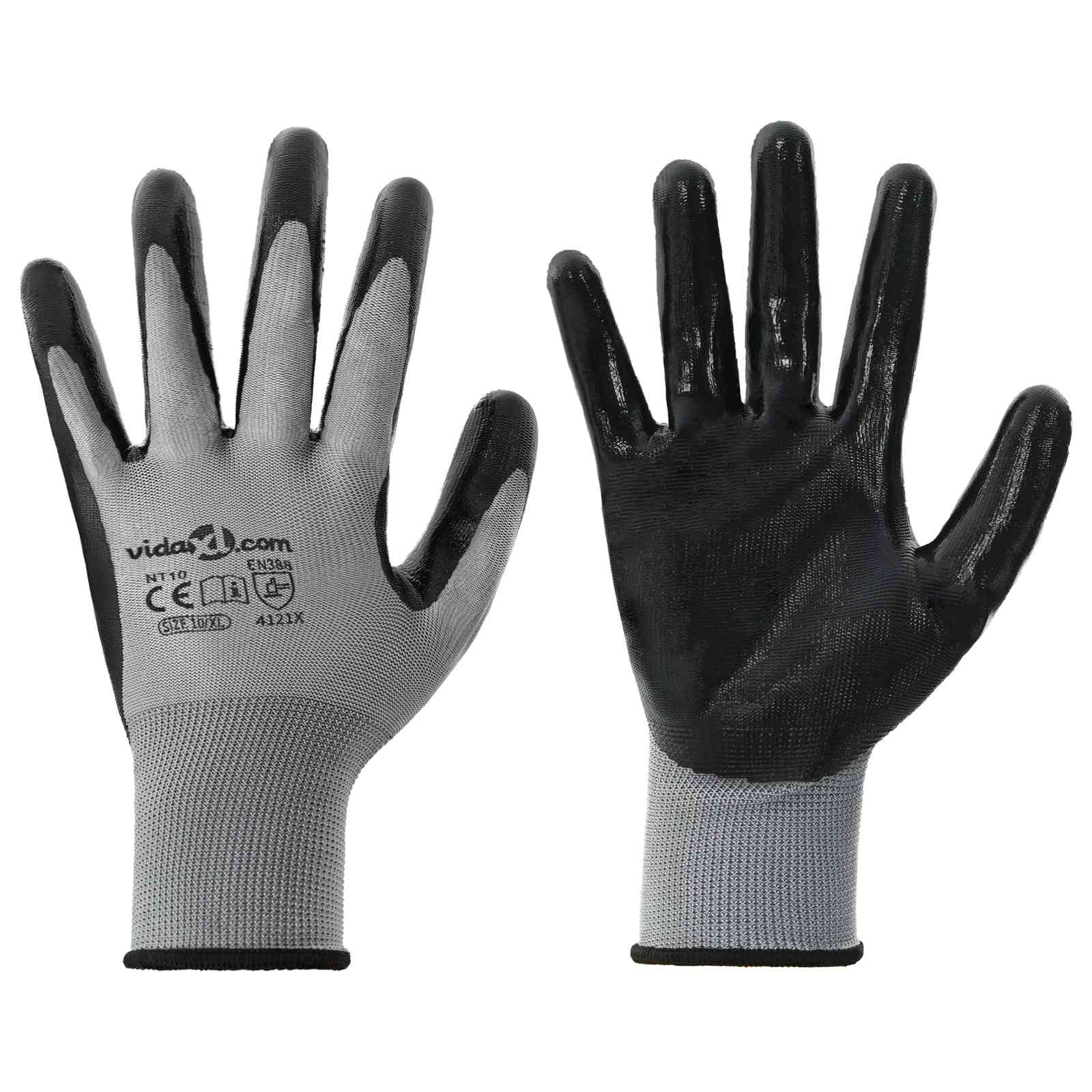 vidaXL Rękawice Robocze 12 pcs Szary i czarny 10 / xl Poliester