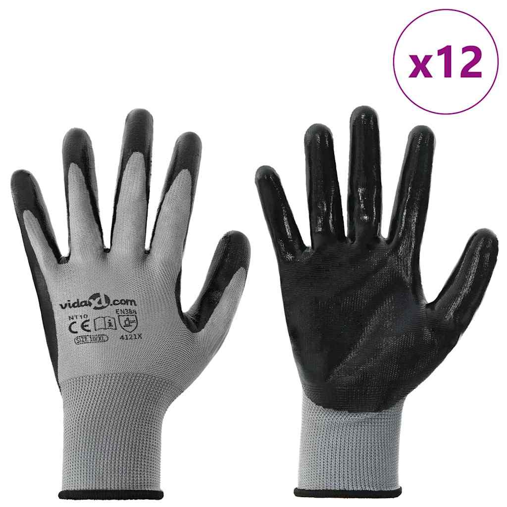 vidaXL Rękawice Robocze 12 pcs Szary i czarny 10 / xl Poliester