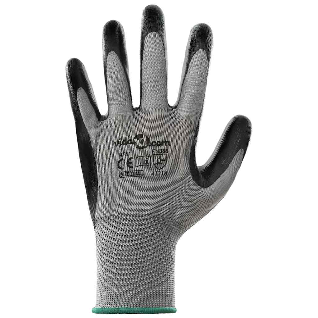 vidaXL Rękawice Robocze 12 pcs Szary i czarny 11 / XXL Poliester