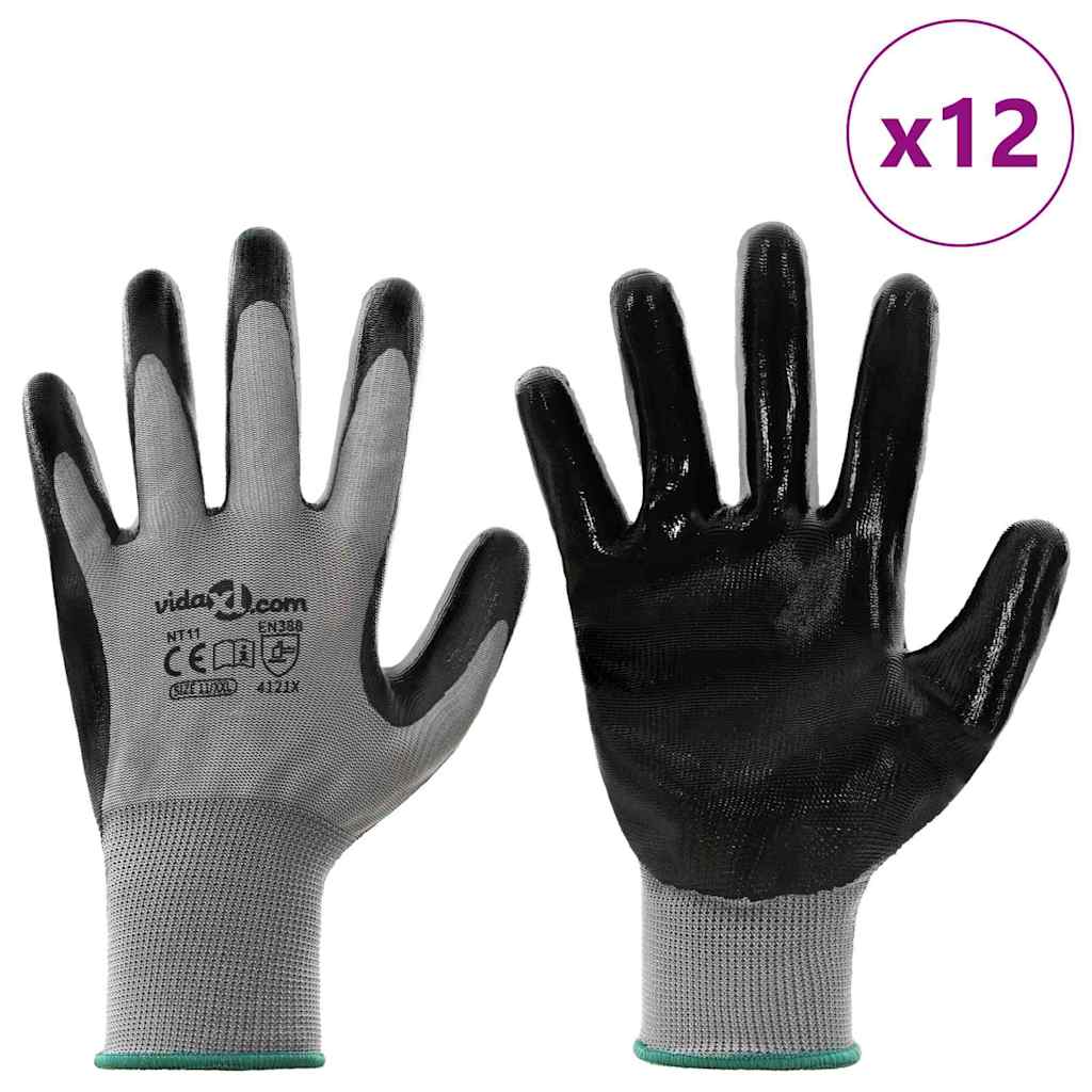 vidaXL Rękawice Robocze 12 pcs Szary i czarny 11 / XXL Poliester