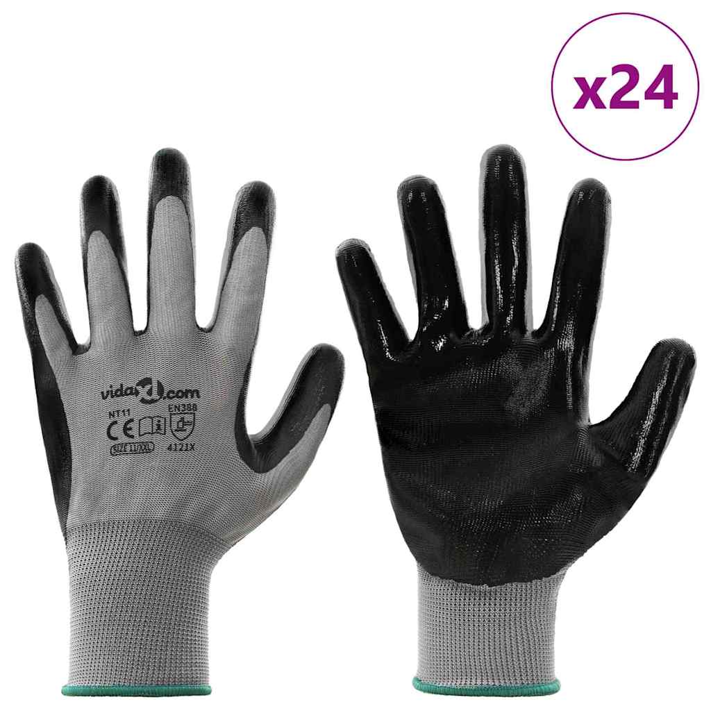 vidaXL Rękawice Robocze 24 pcs Szary i czarny 11 / XXL Poliester