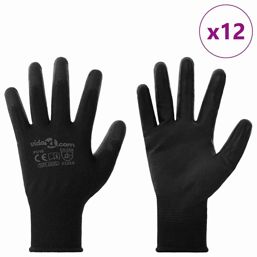 vidaXL Rękawice Robocze 12 pcs Czarny 10 / xl Poliester