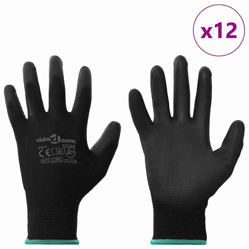 vidaXL Rękawice Robocze 12 pcs Czarny 11 / XXL Poliester