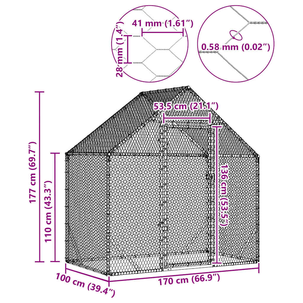 vidaXL Klatka dla kur Srebrny 170 x 100 x 177 cm Stal Galwanizowana