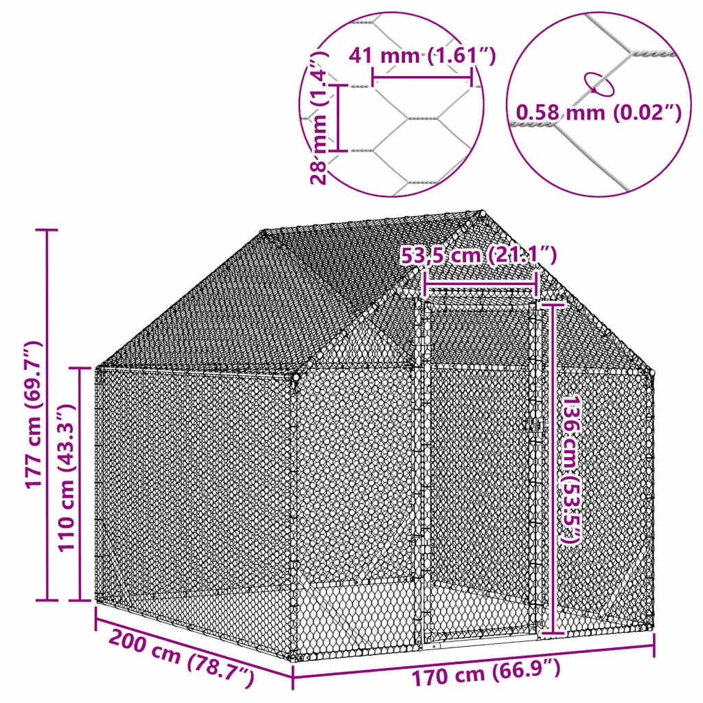vidaXL Klatka dla kur Srebrny 200 x 170 x 177 cm Stal Galwanizowana