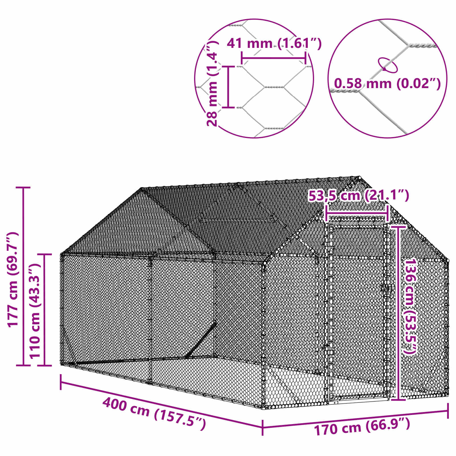 vidaXL Klatka dla kur Srebrny 400 x 170 x 177 cm Stal Galwanizowana