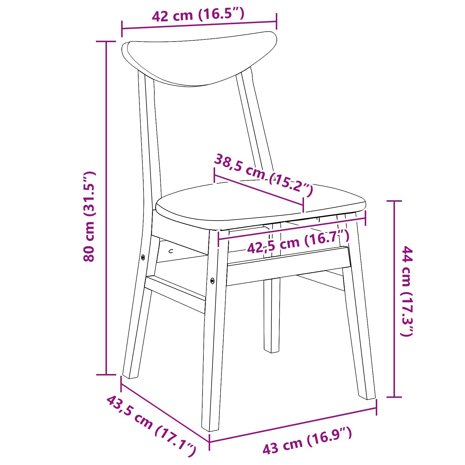 vidaXL Krzesła jadalne 2 pcs Naturalny 42 x 47.5 x 81 cm Drewno Gumowe