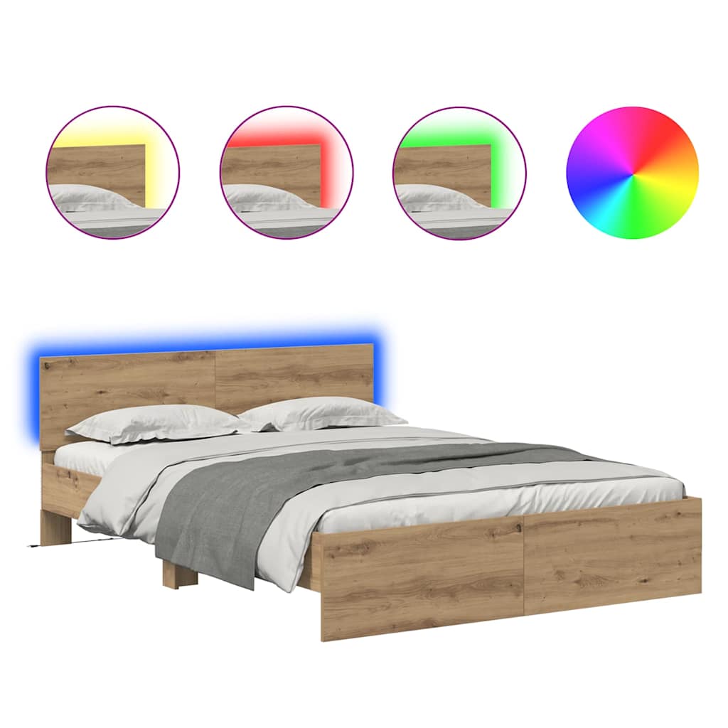 vidaXL Ramka łóżka Ze LED Lights Dąb rzemieślniczy 135 x 190 cm