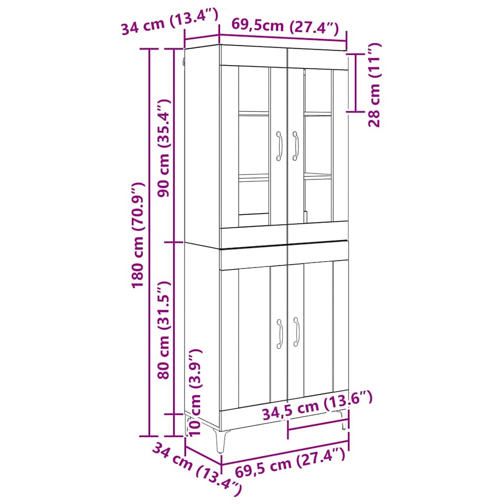 vidaXL Highboard Czarny Dąb 69,5 x 34 x 180 cm Materiał drewnopochodny