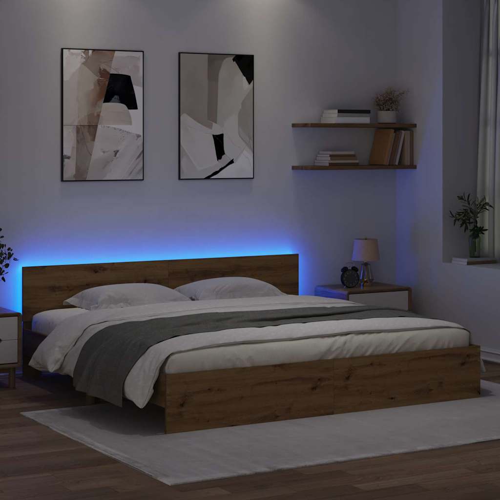 vidaXL Ramka łóżka Ze LED Lights Dąb rzemieślniczy 180 x 200 cm
