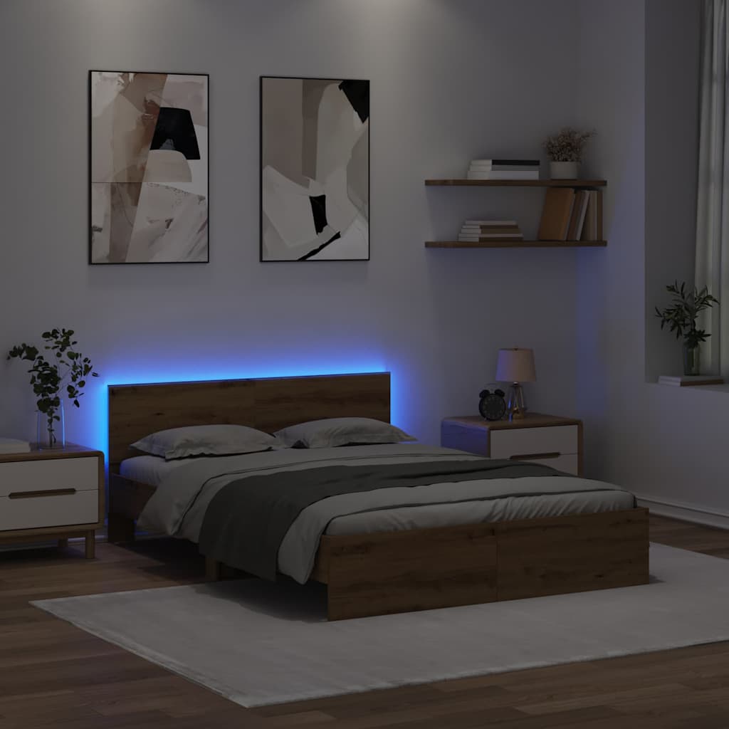 vidaXL Ramka łóżka Ze LED Lights Dąb rzemieślniczy 140 x 200 cm