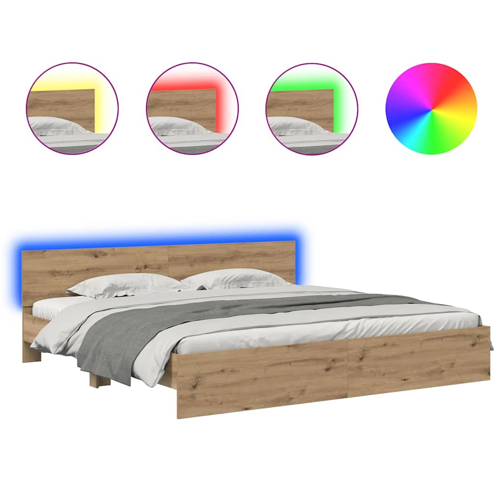 vidaXL Ramka łóżka Ze LED Lights Dąb rzemieślniczy 200 x 200 cm