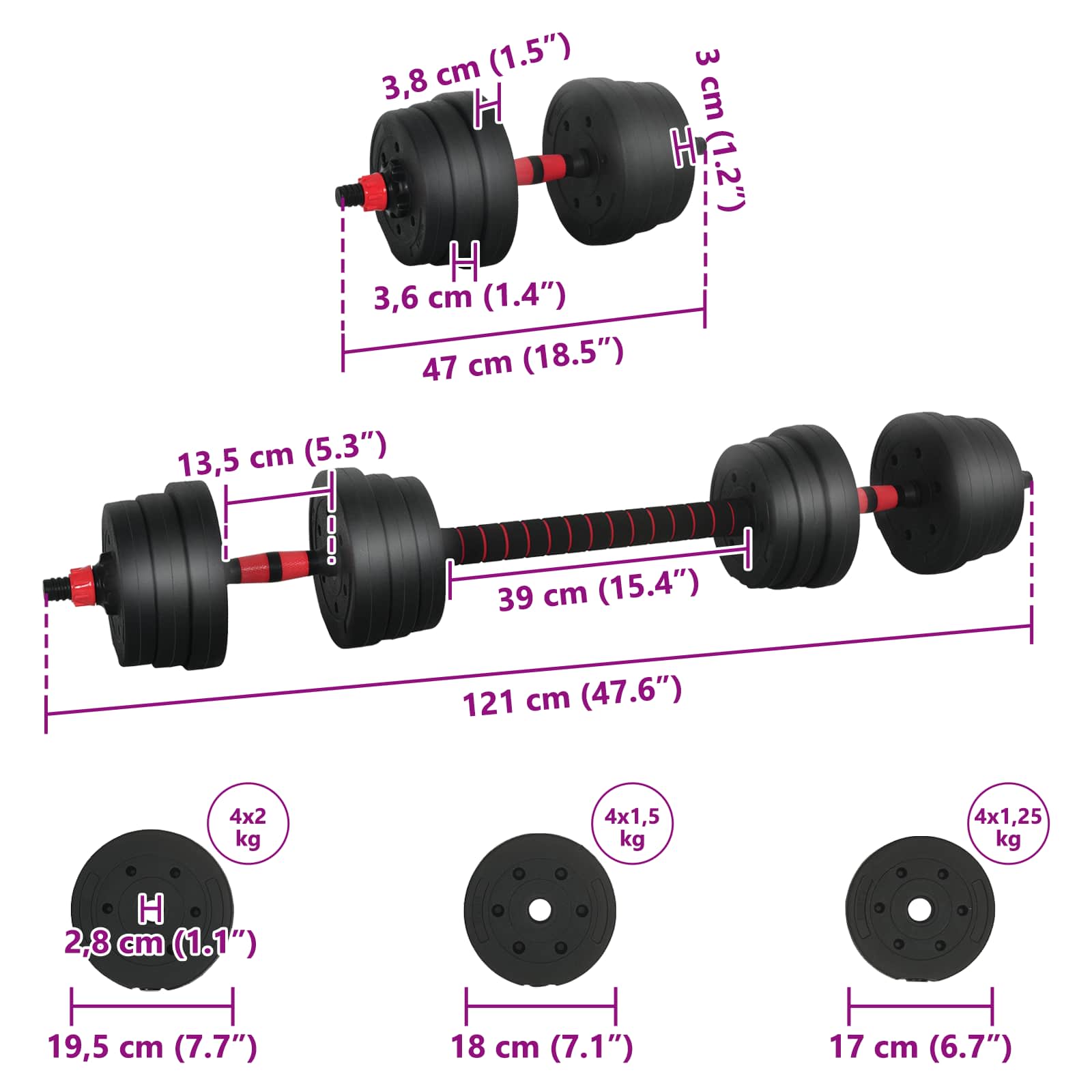 vidaXL Zestaw hantli 2 w 1 30kg Czarny i czerwony