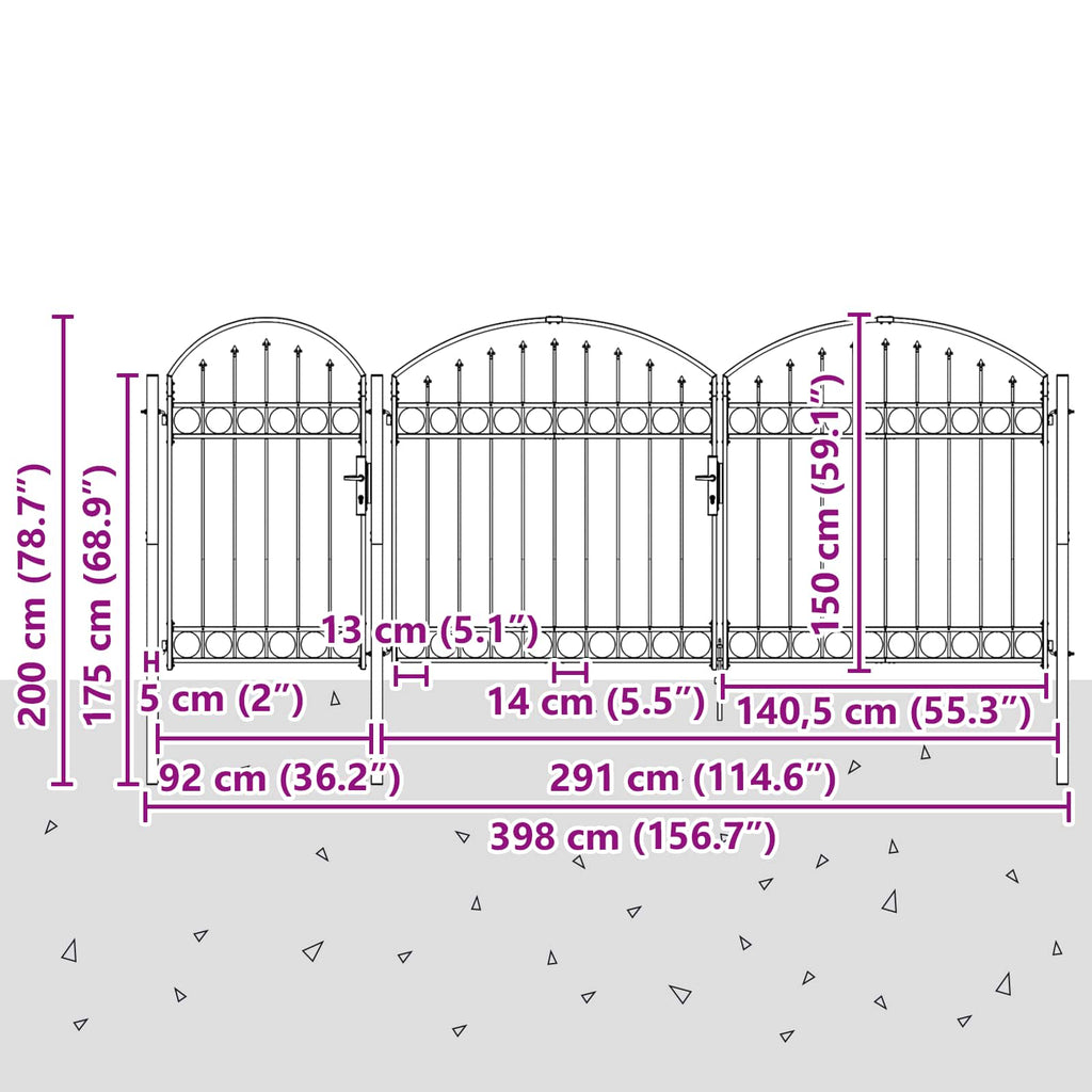 vidaXL Brama ogrodowa z łukowym szczytem Assen Szary 400 x 100 cm Stal