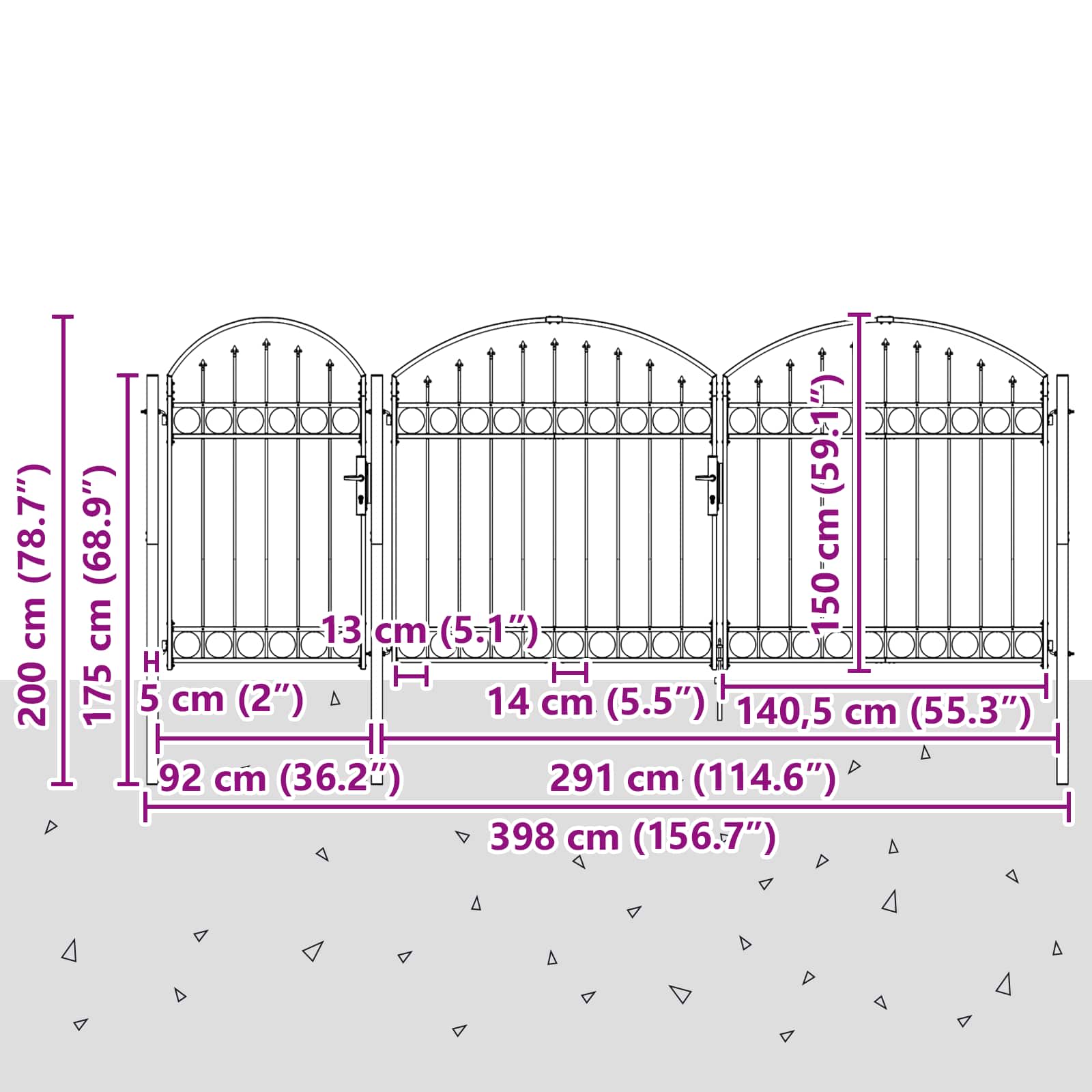 vidaXL Brama ogrodowa z łukowym szczytem Assen Szary 400 x 100 cm Stal