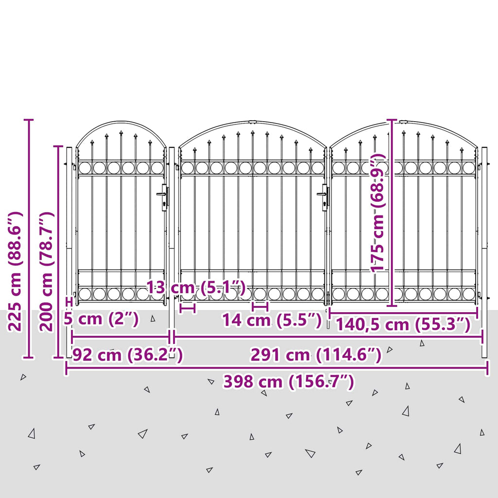 vidaXL Brama ogrodowa z łukowym szczytem Assen Szary 400 x 125 cm Stal