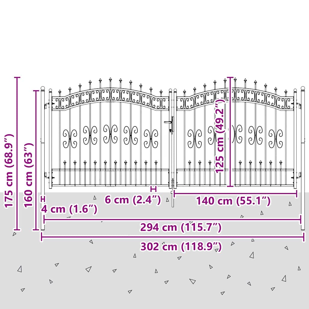 vidaXL Bramka ogrodzeniowa z ostrym szczytem KAMPEN 305 x 125 cm Stal
