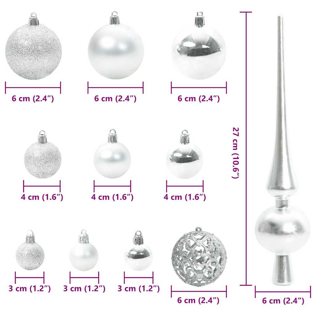 vidaXL Zestaw Bombek Choinkowych 120 pcs Srebrny Z tworzywa sztucznego