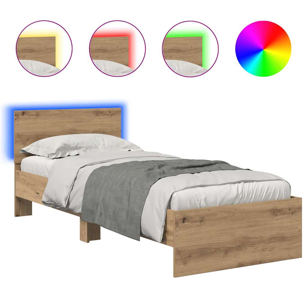 vidaXL Ramka łóżka Ze LED Lights Dąb rzemieślniczy 75 x 190 cm