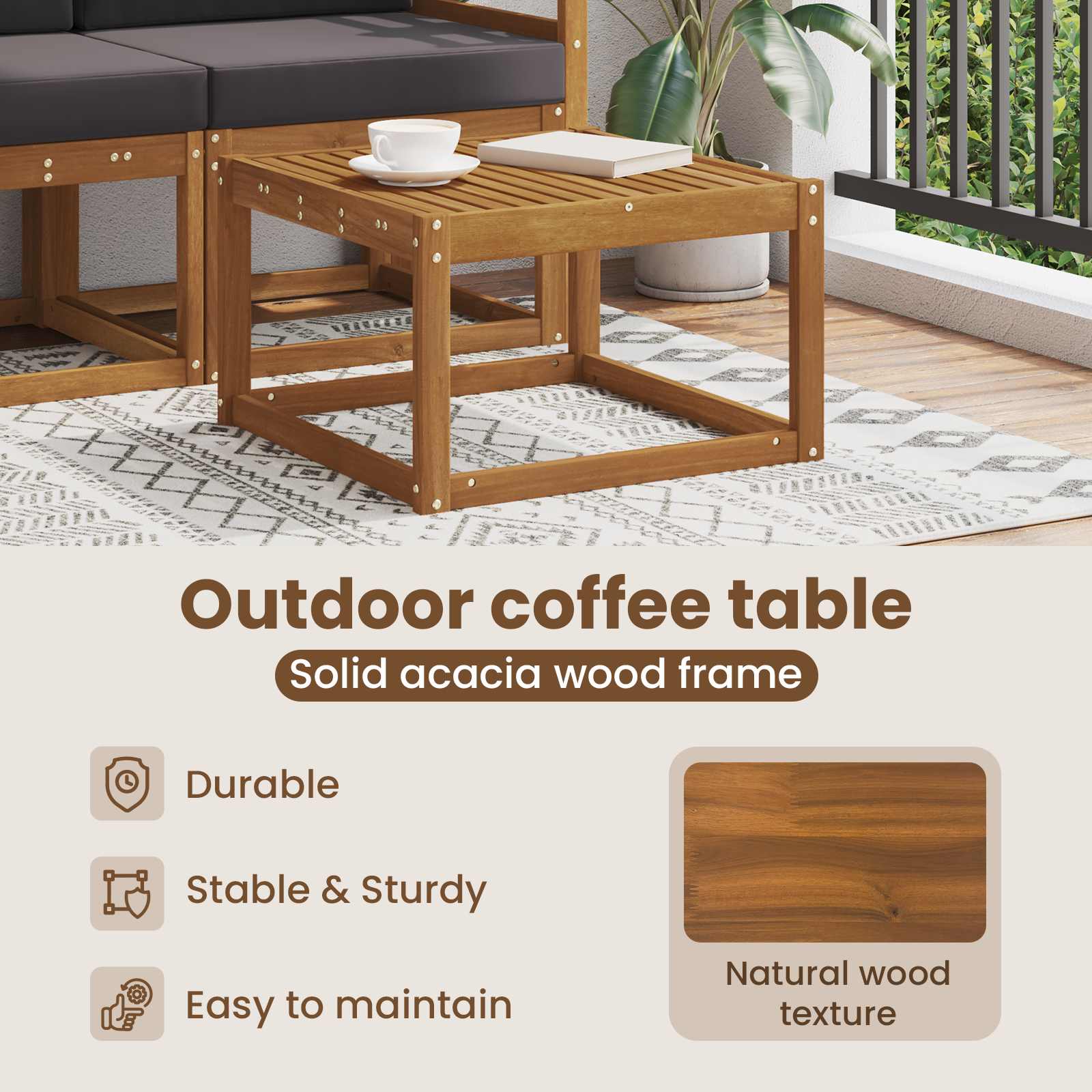vidaXL Stół na Zewnątrz Lite Drewno Akacji Naturalny 59 x 59 x 37 cm