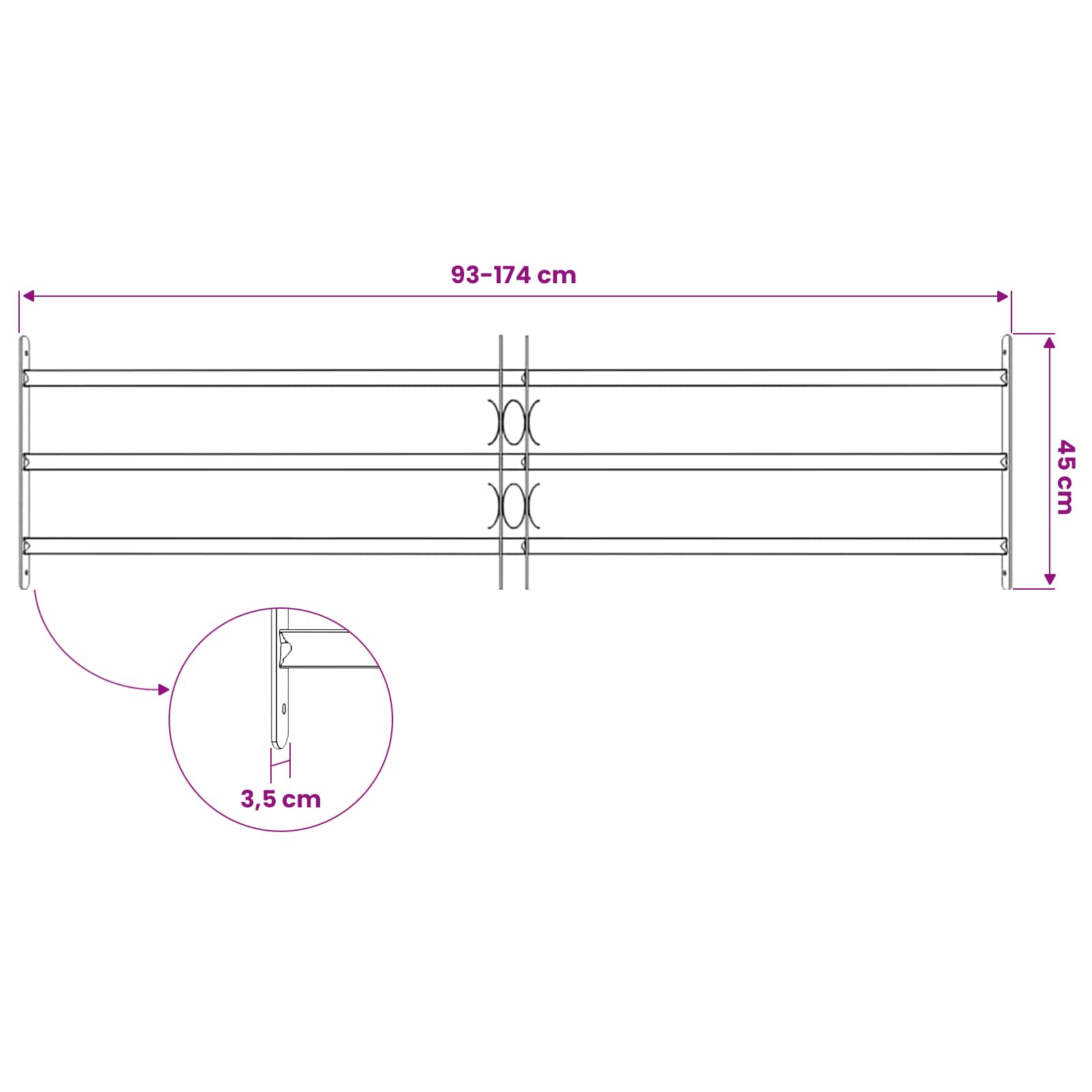 vidaXL Kratka Okienna 174 x 45 cm Stal malowana proszkowo Czarny