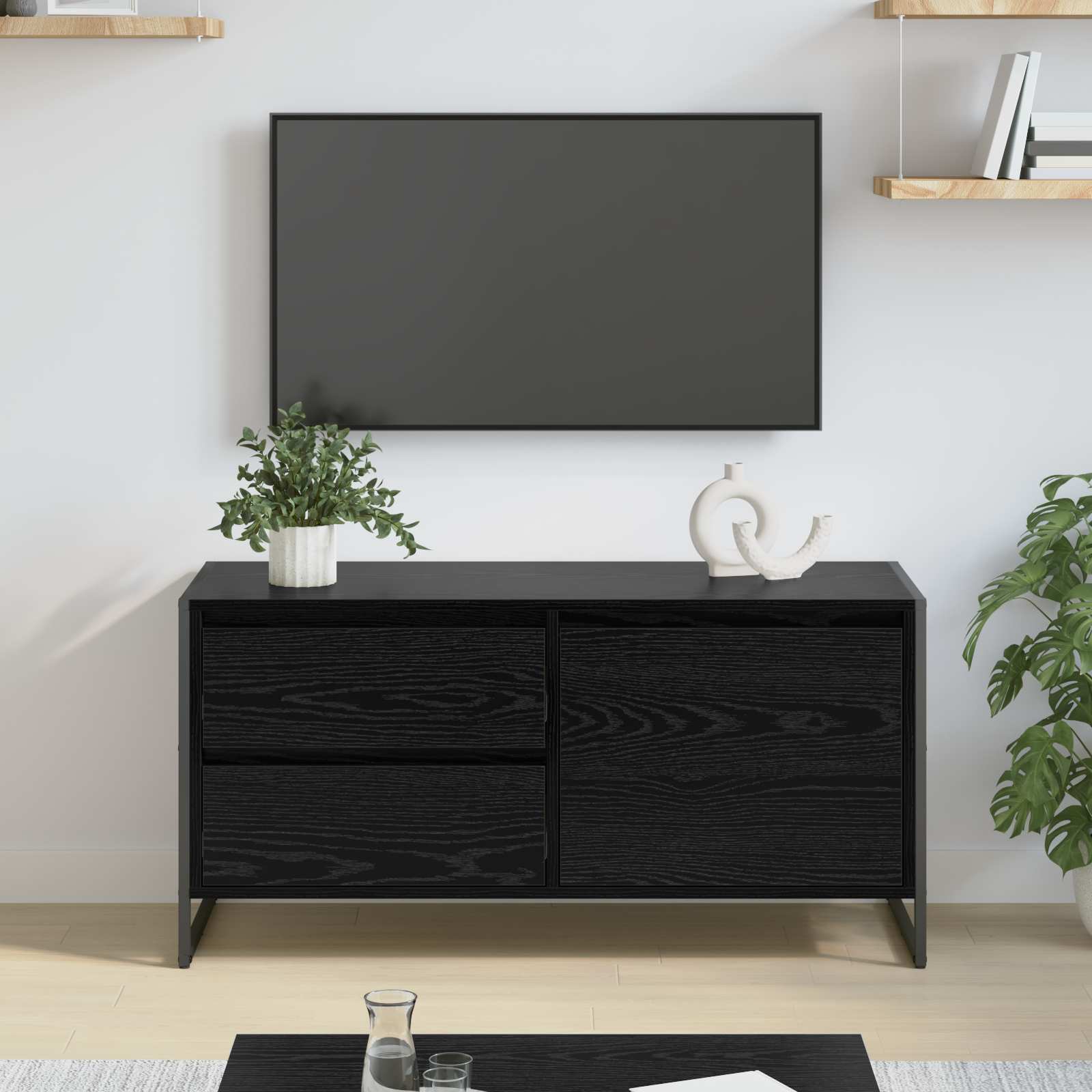 vidaXL Szafka pod telewizor z szufladą Czarny Dąb 100 x 36 x 49.5 cm