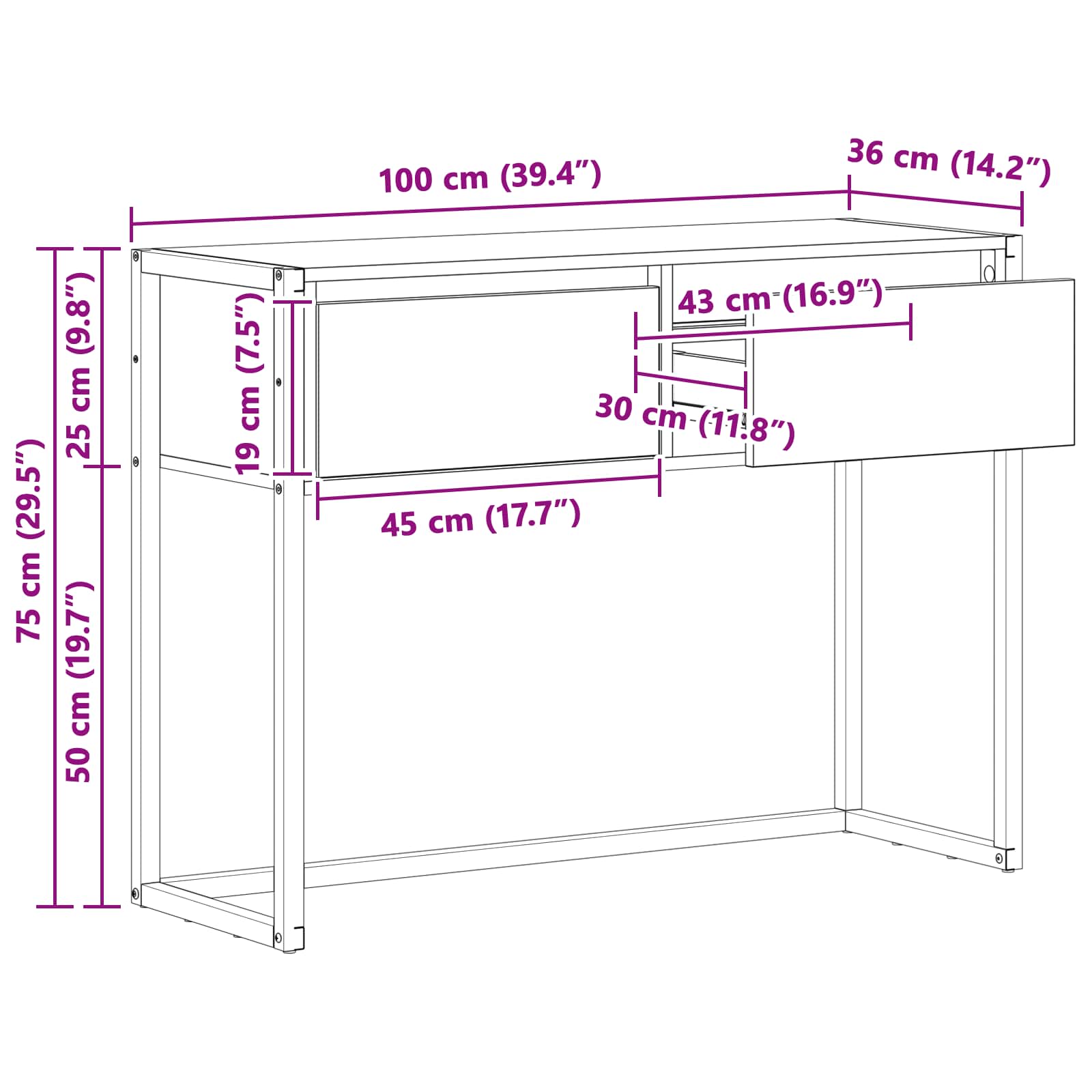 vidaXL Stolik końcowy z szufladą Czarny Dąb 100 x 36 x 75 cm
