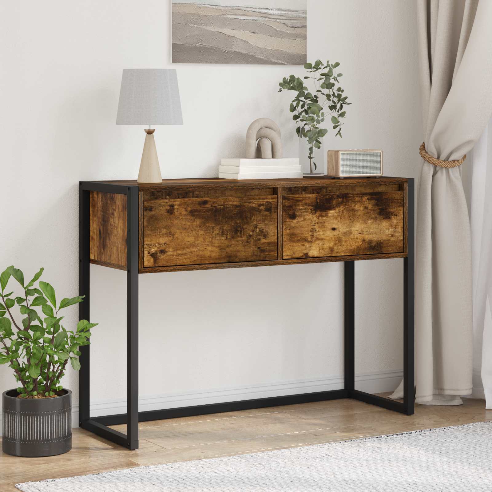 vidaXL Stolik końcowy z szufladą Dąb dymny 100 x 36 x 75 cm