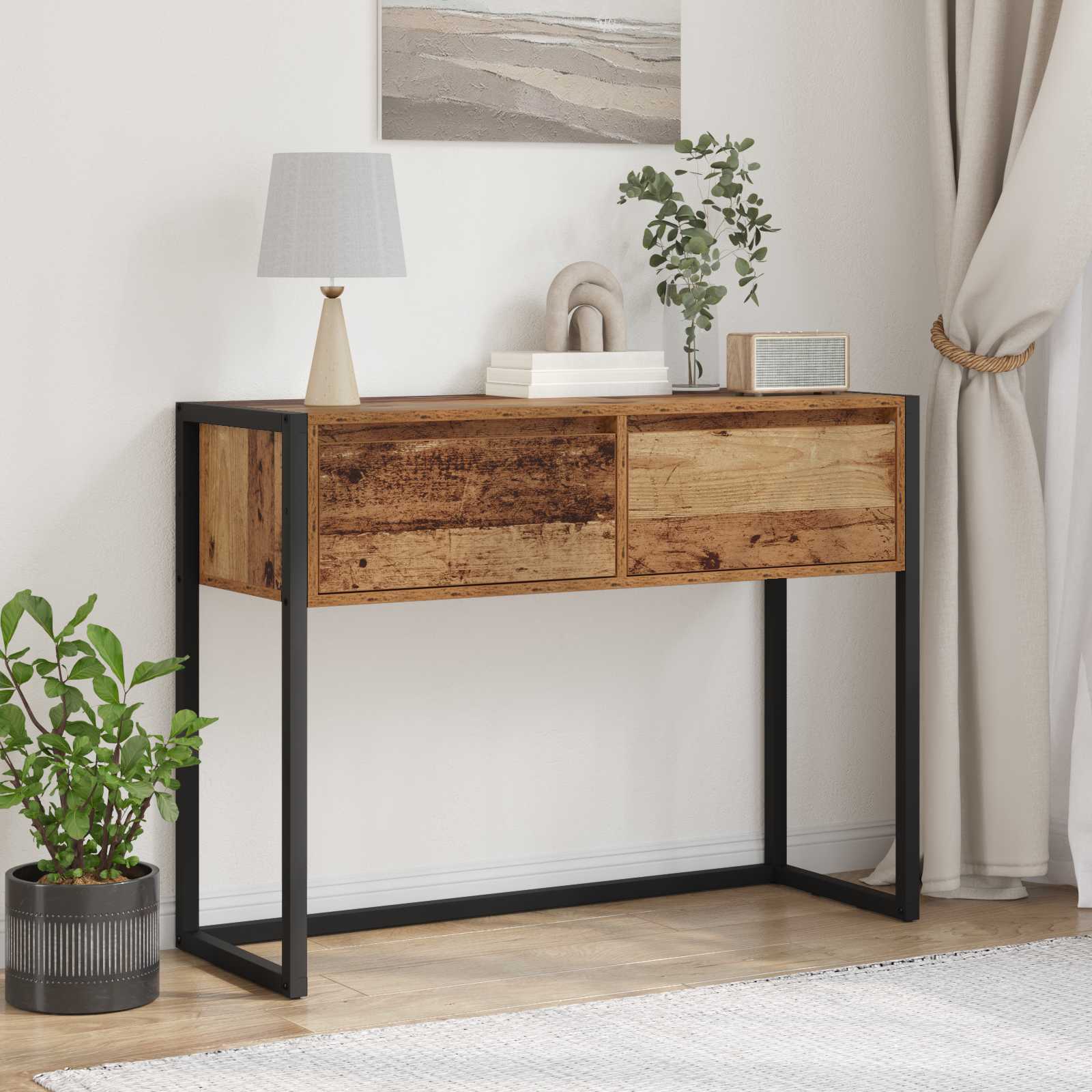 vidaXL Stolik końcowy z szufladą Stare drewno 100 x 36 x 75 cm