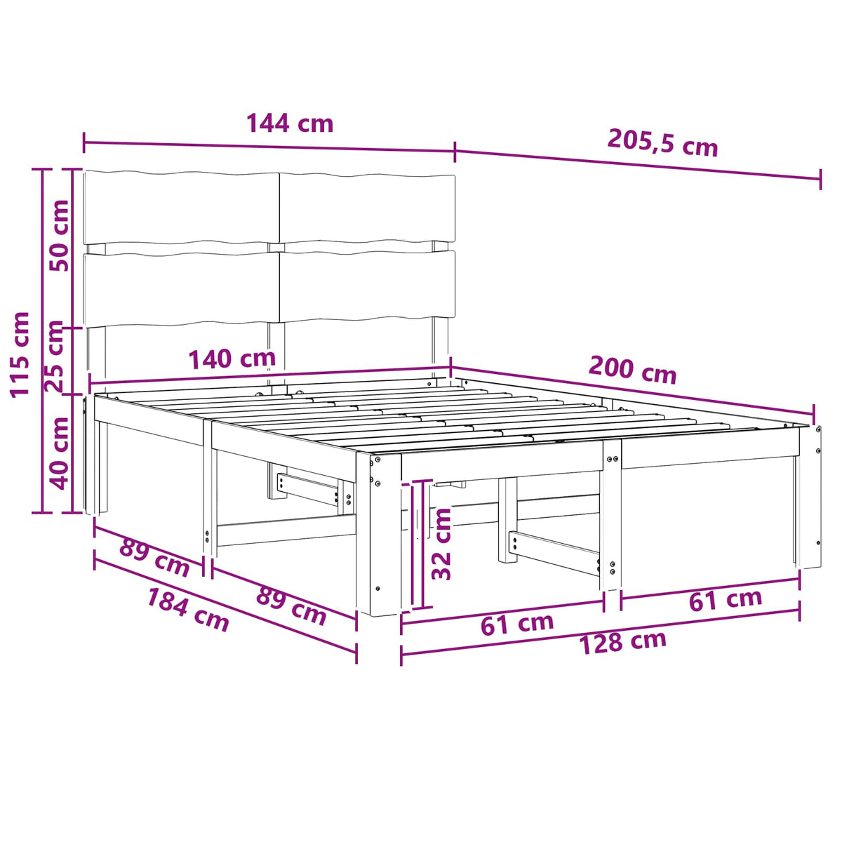vidaXL Podwójna rama łóżka z wezgłowiem ROSTOCK Biały 140 x 200 cm