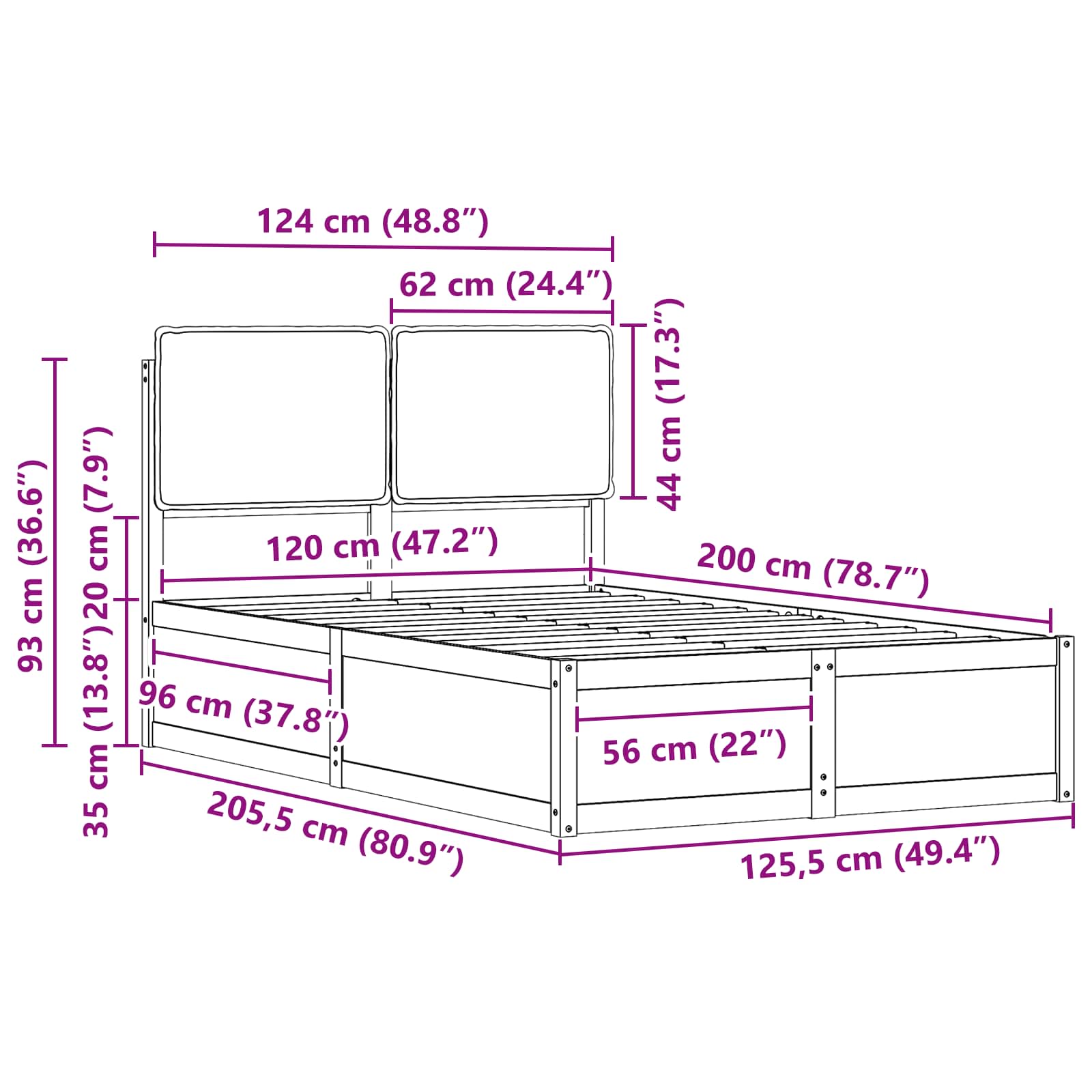 vidaXL Ramka łóżka z tapicerowanym wezgłowiem Czarny 120 x 200 cm